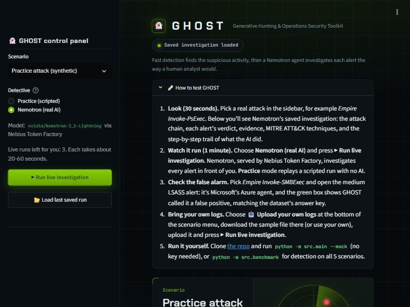 The GHOST demo front page: control panel with scenario picker, Nemotron live investigation button and testing guide