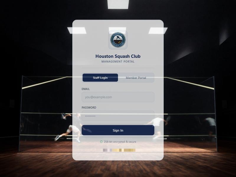 The Houston Squash Club management portal sign-in page, with Staff Login and Member Portal options