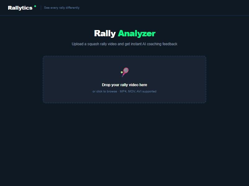 The Rallytics rally analyser front page: upload a squash rally video for instant AI coaching feedback
