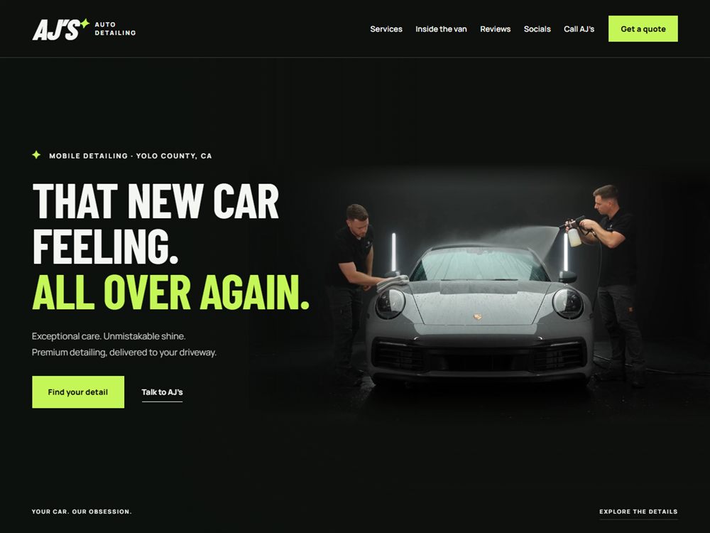 Homepage of the AJ's Auto Detailing website: 'That new car feeling. All over again.' with two detailers working on a grey sports car