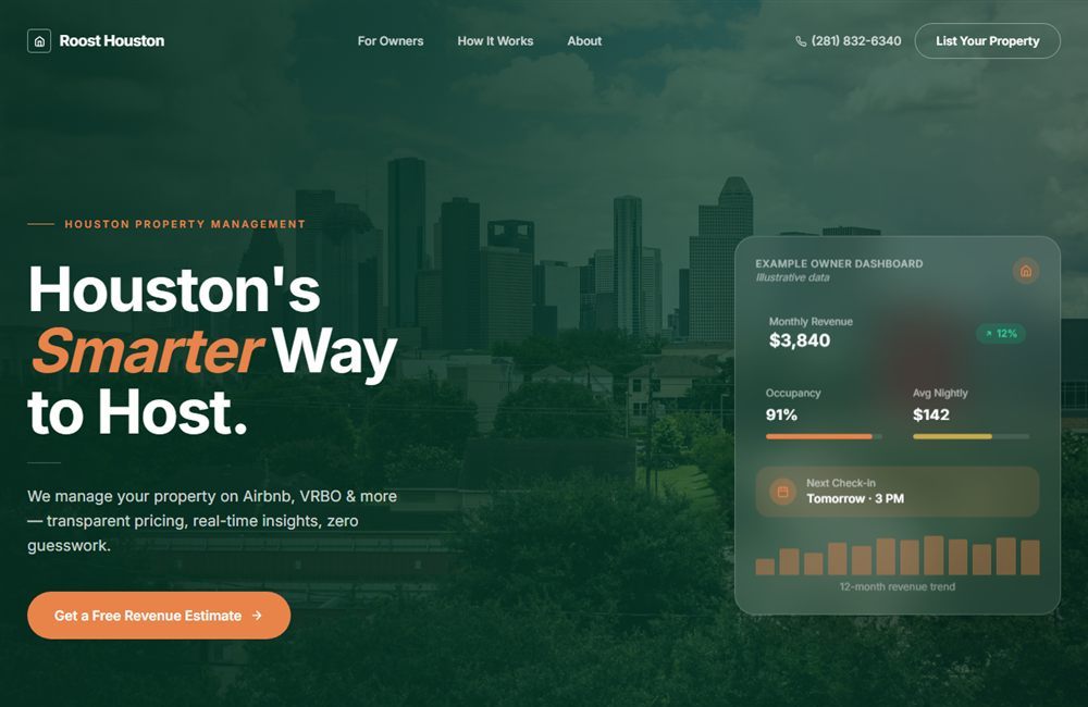 Homepage of the Roost Houston website: 'Houston's Smarter Way to Host.' over the Houston skyline, with an example owner dashboard card